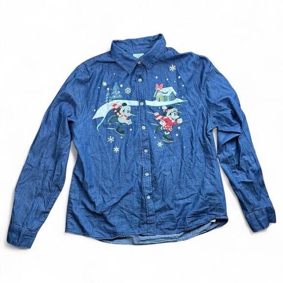 Disney Parks Christmas Denim Jean Button Down L - Picture 2 of 5